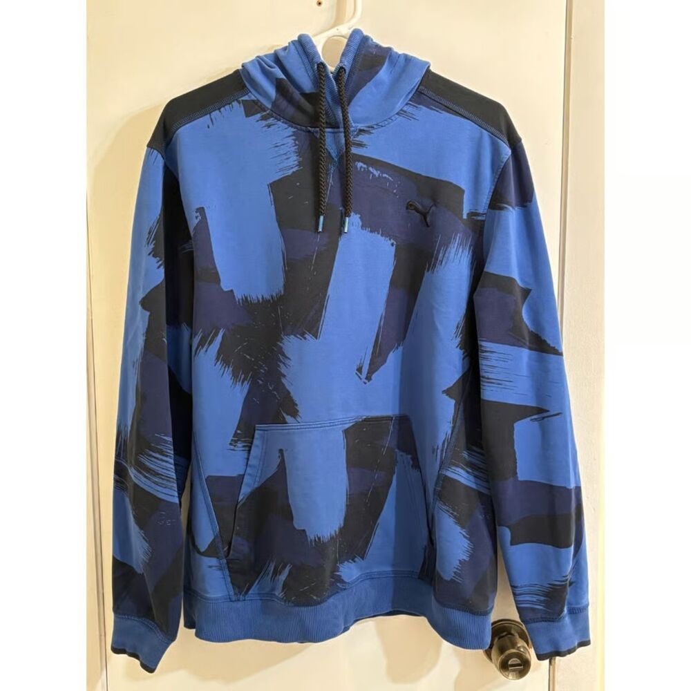 Men's Puma Pullover Drawstring Hoodie Large Black & Blue